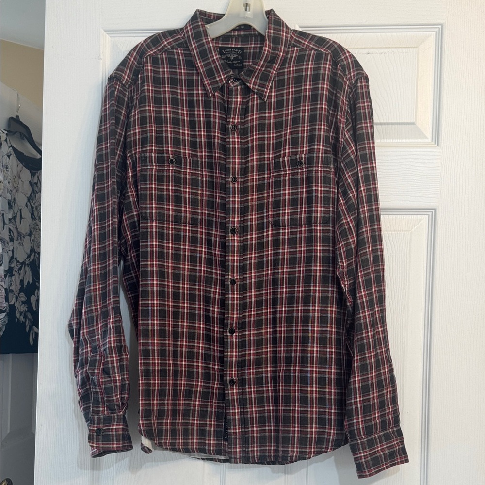 Lucky BrandMen's Black and Red Plaid Shirt